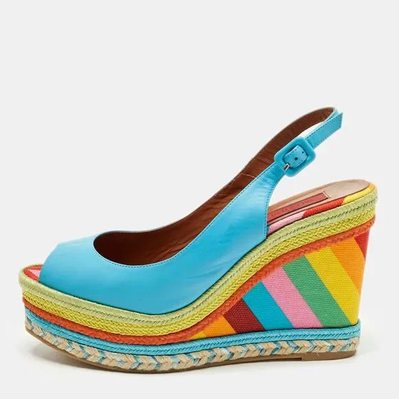 Valentino Size 41 Multicolor Leather Slingback Wedge Sandals - Picture 1 of 7
